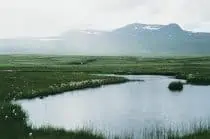 a view of a mountain with water across grasslands